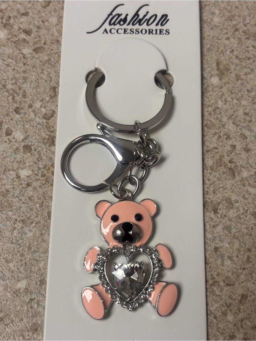 Cute Pink Teddy Bear Rhinestone Heart Keychain Charm